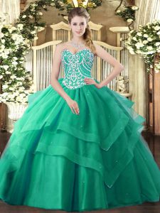 Turquoise Lace Up Sweetheart Beading and Ruffled Layers Quinceanera Gowns Tulle Sleeveless