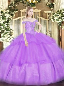 Lavender 15 Quinceanera Dress Military Ball and Sweet 16 and Quinceanera with Beading and Ruffled Layers Off The Shoulder Sleeveless Lace Up