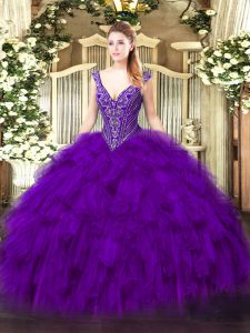 Fitting Purple Ball Gowns Beading and Ruffles Vestidos de Quinceanera Lace Up Organza Sleeveless Floor Length