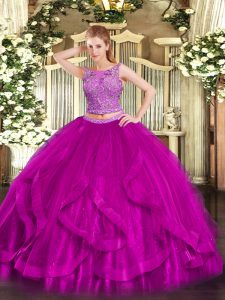 Low Price Fuchsia Two Pieces Organza Scoop Sleeveless Beading and Ruffles Floor Length Zipper Quinceanera Gown