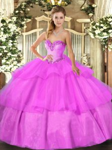 Lilac Lace Up Ball Gown Prom Dress Beading and Ruffled Layers Sleeveless Floor Length