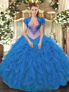 Dazzling Blue Organza Lace Up Sweet 16 Dress Sleeveless Floor Length Beading and Ruffles