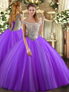 Fitting Lavender Sleeveless Tulle Lace Up Quince Ball Gowns for Sweet 16 and Quinceanera
