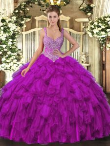Purple Straps Lace Up Beading and Ruffles Ball Gown Prom Dress Sleeveless