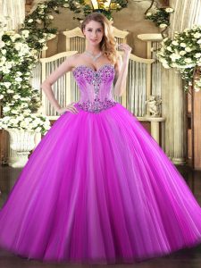 Deluxe Fuchsia Ball Gowns Sweetheart Sleeveless Tulle Floor Length Lace Up Beading 15 Quinceanera Dress