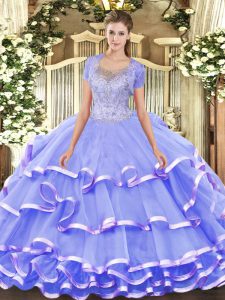 Dynamic Sleeveless Floor Length Beading and Ruffled Layers Clasp Handle 15 Quinceanera Dress with Lavender