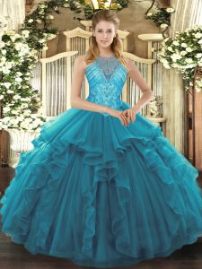 High Quality Teal Lace Up High-neck Beading and Ruffles Quinceanera Dresses Organza Sleeveless