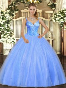 Admirable Blue Ball Gowns Beading Vestidos de Quinceanera Lace Up Tulle Sleeveless Floor Length