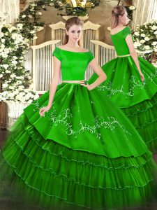 Green Zipper Off The Shoulder Embroidery and Ruffled Layers Quinceanera Gowns Organza and Taffeta Short Sleeves
