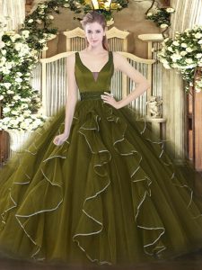 Fabulous Floor Length Zipper Ball Gown Prom Dress Olive Green for Military Ball and Sweet 16 and Quinceanera with Beading and Ruffles