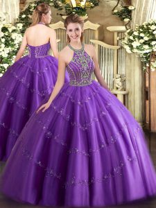 Ball Gowns Vestidos de Quinceanera Purple Halter Top Tulle Sleeveless Floor Length Lace Up