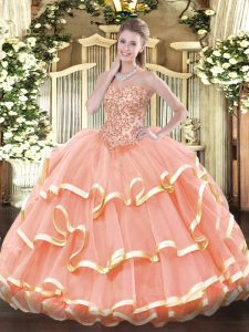 Peach Sleeveless Appliques and Ruffled Layers Floor Length Ball Gown Prom Dress