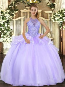 Noble Lavender Halter Top Lace Up Beading Quinceanera Gowns Sleeveless