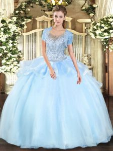 Aqua Blue Clasp Handle Scoop Beading Ball Gown Prom Dress Organza and Tulle Sleeveless