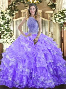 Graceful Lavender Sleeveless Floor Length Beading and Ruffled Layers Lace Up Quinceanera Gown