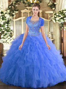 Sleeveless Floor Length Beading and Ruffled Layers Clasp Handle Quinceanera Gowns with Baby Blue