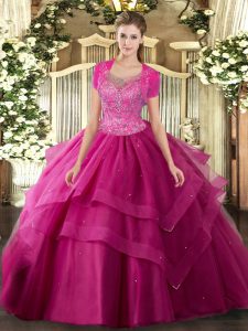 Great Hot Pink Ball Gowns Scoop Sleeveless Tulle Floor Length Clasp Handle Beading and Ruffles Quinceanera Gowns