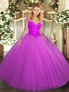 Charming Fuchsia Scoop Lace Up Lace Vestidos de Quinceanera Long Sleeves