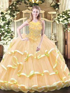 Gold Ball Gowns Beading and Ruffled Layers Quinceanera Dresses Zipper Organza Sleeveless Floor Length