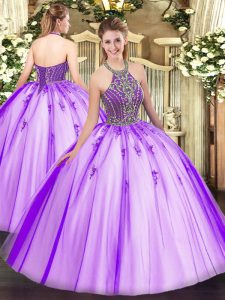 Tulle Halter Top Sleeveless Lace Up Beading Military Ball Dresses For Women in Eggplant Purple