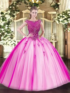 Scoop Cap Sleeves Quince Ball Gowns Floor Length Beading and Appliques Fuchsia Tulle