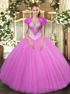 Fashionable Sweetheart Sleeveless Sweet 16 Quinceanera Dress Floor Length Beading Lilac Tulle