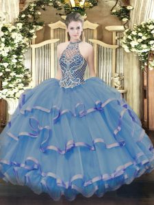 Fabulous Blue Ball Gowns Organza Halter Top Sleeveless Beading and Ruffles Floor Length Lace Up Sweet 16 Dress