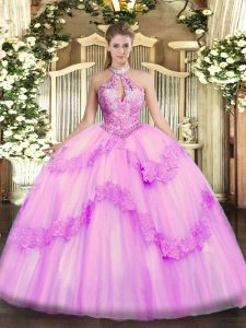 Lilac Sleeveless Floor Length Appliques and Sequins Lace Up Sweet 16 Dresses