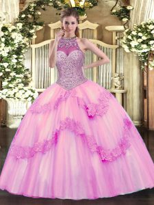 Latest Tulle Halter Top Sleeveless Lace Up Beading and Appliques Quince Ball Gowns in Rose Pink