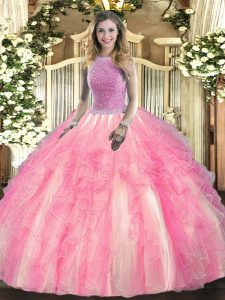 Fashionable Rose Pink Sleeveless Tulle Lace Up Teens Party Dress for Military Ball and Sweet 16 and Quinceanera