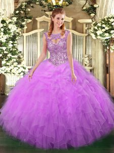 Sleeveless Tulle Floor Length Lace Up Sweet 16 Quinceanera Dress in Lilac with Beading and Ruffles