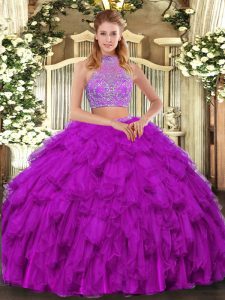 Charming Floor Length Criss Cross Ball Gown Prom Dress Fuchsia for Military Ball and Sweet 16 and Quinceanera with Beading and Ruffled Layers