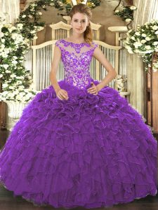 Floor Length Purple Quinceanera Gowns Organza Cap Sleeves Beading and Ruffles and Hand Made Flower