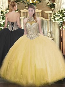 Exceptional Gold Sleeveless Beading Floor Length Military Ball Gowns