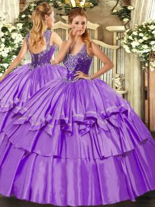 Artistic Ball Gowns Sweet 16 Quinceanera Dress Lavender Straps Organza and Taffeta Sleeveless Floor Length Lace Up
