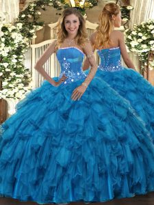 Traditional Beading and Ruffles Quinceanera Gowns Baby Blue Lace Up Sleeveless Floor Length