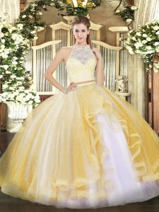 Gold Zipper Scoop Lace and Ruffles Quinceanera Dress Tulle Sleeveless