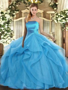 Top Selling Baby Blue Tulle Lace Up Sweet 16 Dress Sleeveless Floor Length Ruffles