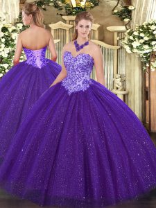 Fine Purple Ball Gowns Tulle Sweetheart Sleeveless Beading Floor Length Lace Up Sweet 16 Dress