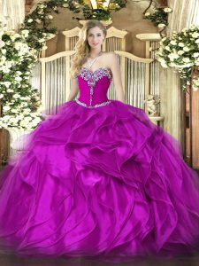 Clearance Floor Length Lace Up Juniors Party Dress Fuchsia for Military Ball and Sweet 16 and Quinceanera with Beading and Ruffles