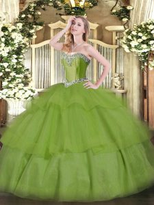 Floor Length Lace Up Party Dress for Toddlers Olive Green for Military Ball and Sweet 16 and Quinceanera with Beading and Ruffled Layers
