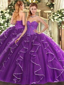 Tulle Sweetheart Sleeveless Lace Up Beading and Ruffles Sweet 16 Dresses in Purple