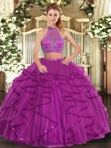 Pretty Floor Length Fuchsia Ball Gown Prom Dress Tulle Sleeveless Beading and Ruffled Layers