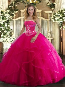Designer Hot Pink Lace Up Strapless Beading and Ruffles Sweet 16 Dresses Tulle Sleeveless