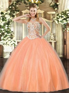 Peach Lace Up 15 Quinceanera Dress Beading Sleeveless Floor Length