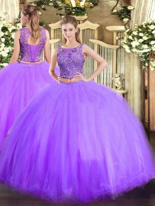 Exquisite Floor Length Two Pieces Sleeveless Lavender 15 Quinceanera Dress Lace Up