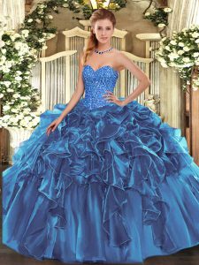 Blue Ball Gowns Sweetheart Sleeveless Organza Floor Length Lace Up Beading and Ruffles Quinceanera Dresses