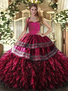 Wine Red Halter Top Lace Up Embroidery and Ruffles Quinceanera Dress Sleeveless