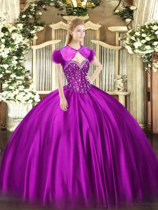 Fuchsia Sleeveless Satin Lace Up Ball Gown Prom Dress for Military Ball and Sweet 16 and Quinceanera