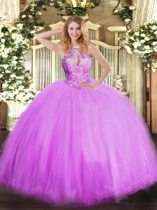Lilac Ball Gowns Halter Top Sleeveless Tulle Floor Length Lace Up Beading Ball Gown Prom Dress
